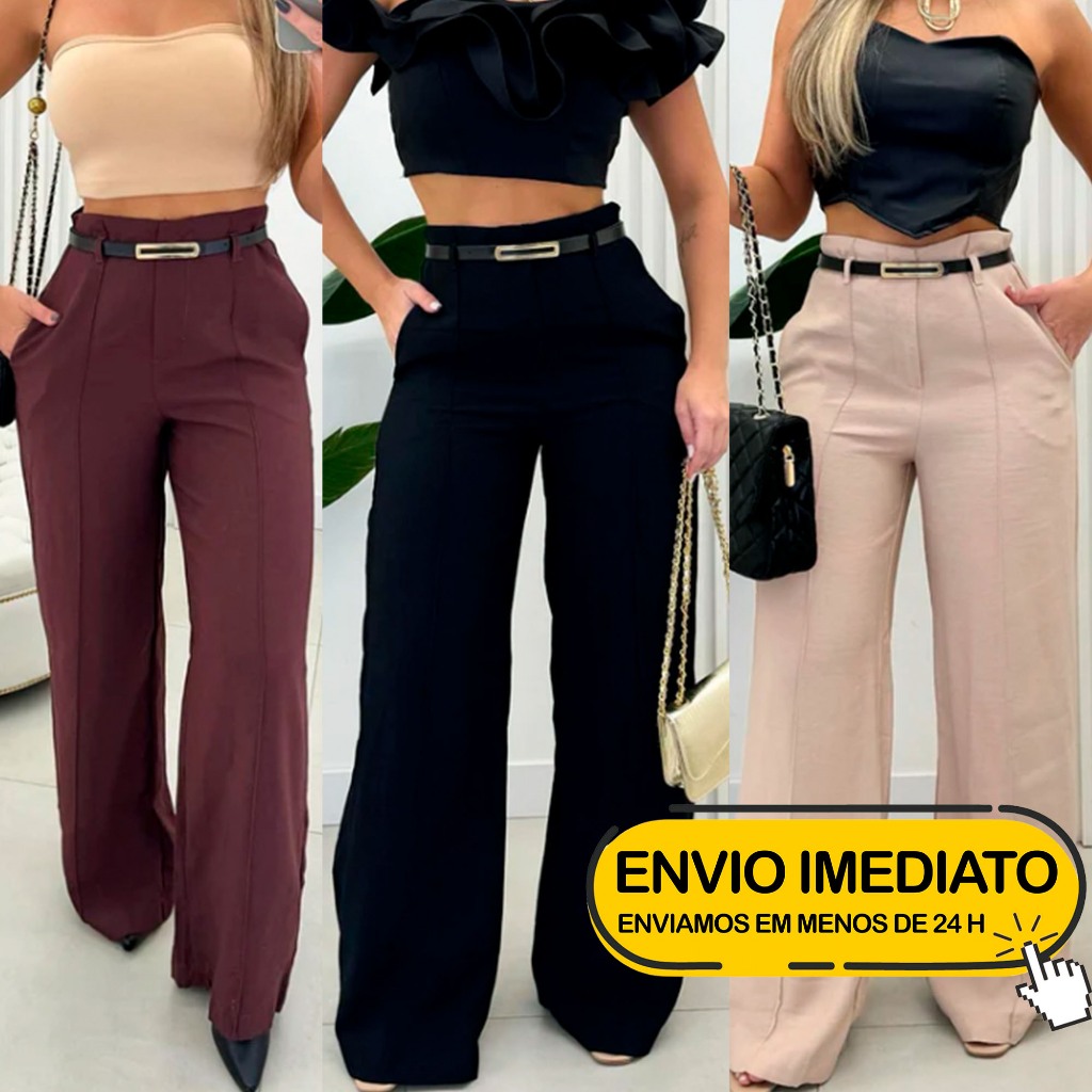 Calça Social Feminina Modelo Pantalona Alfaiataria Com Cinto Moda Luxo Blogueira Elegante