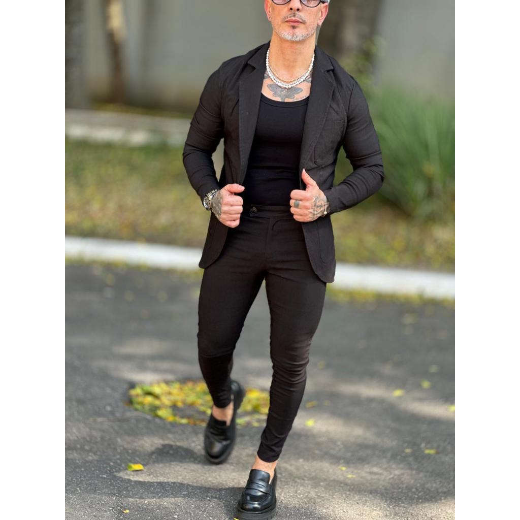 Conjunto Blazer E Calça Alfaiataria Masculino Bengaline Elastano Slim Esporte Fino Premium
