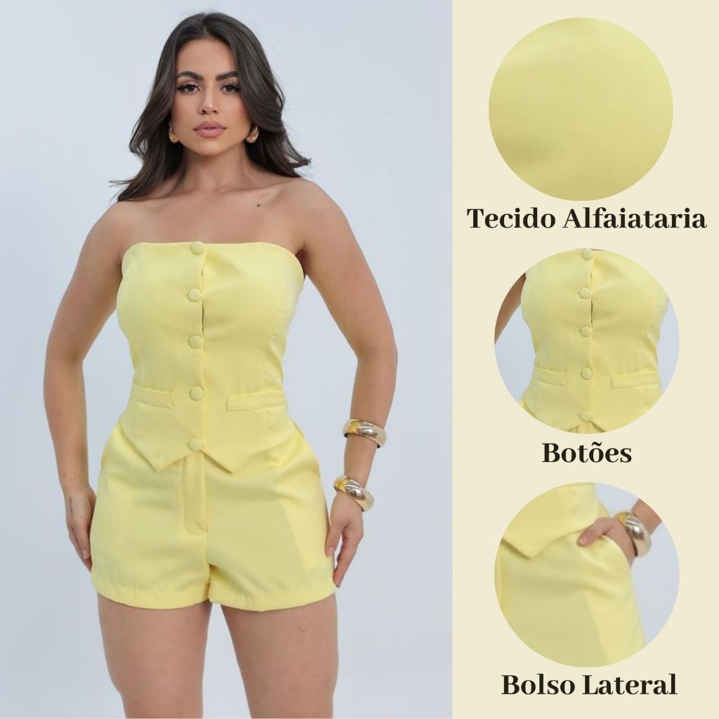 Conjunto Feminino Alfaiataria Premium Tomara que Caia com Botões + Short Elegante chik moderno elegante P ao GG