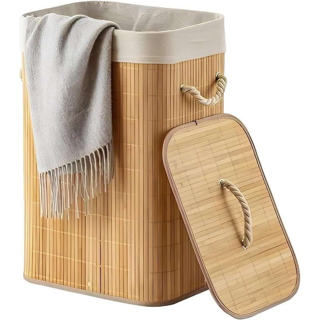 Cesto De Roupa Suja Bambu Dobravel Organizador 72L Forrado Banheiro 60cm Grande Cesto Retangular