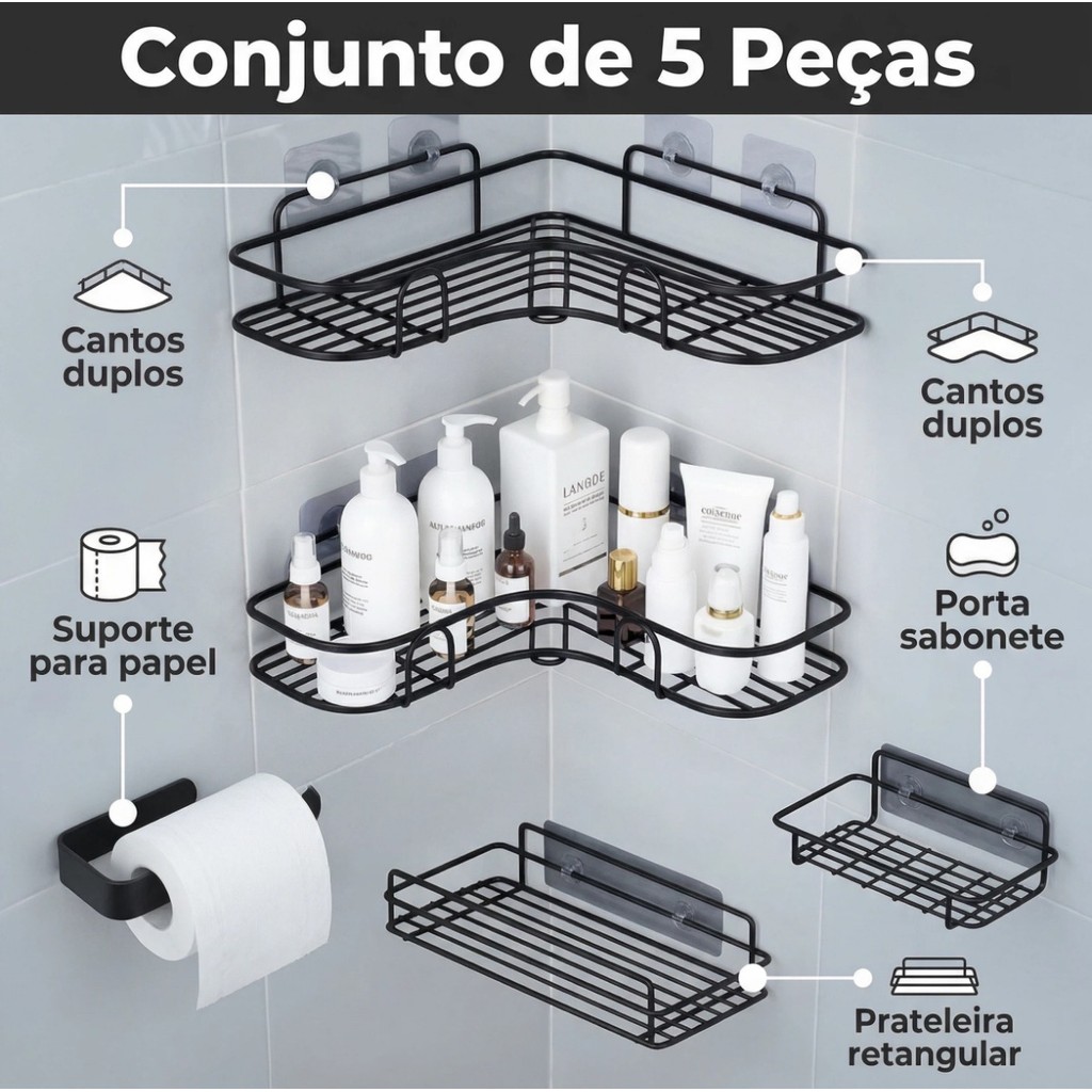 Kit De 2/3/4/5 Suportes Porta Shampoo Organizador De Metal Para Banheiro Cozinha Prateleira Com Adesivos