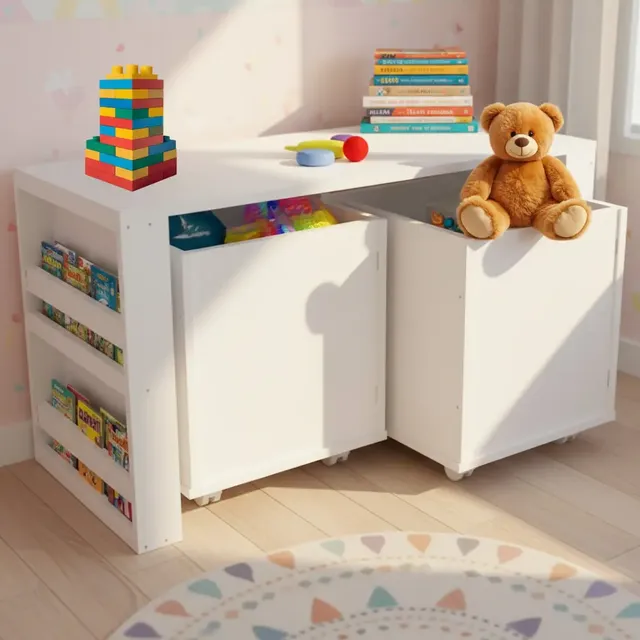 Mesa organizadora infantil branca com baús