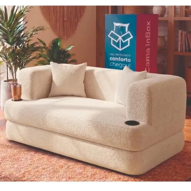 Sofá-cama Muna bege em tecido bouclê
