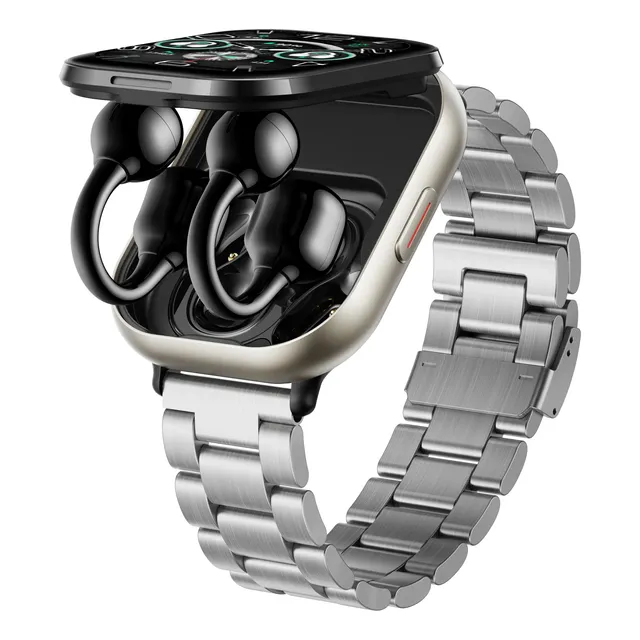Smartwatch prateado com fones Bluetooth e estojo carregador