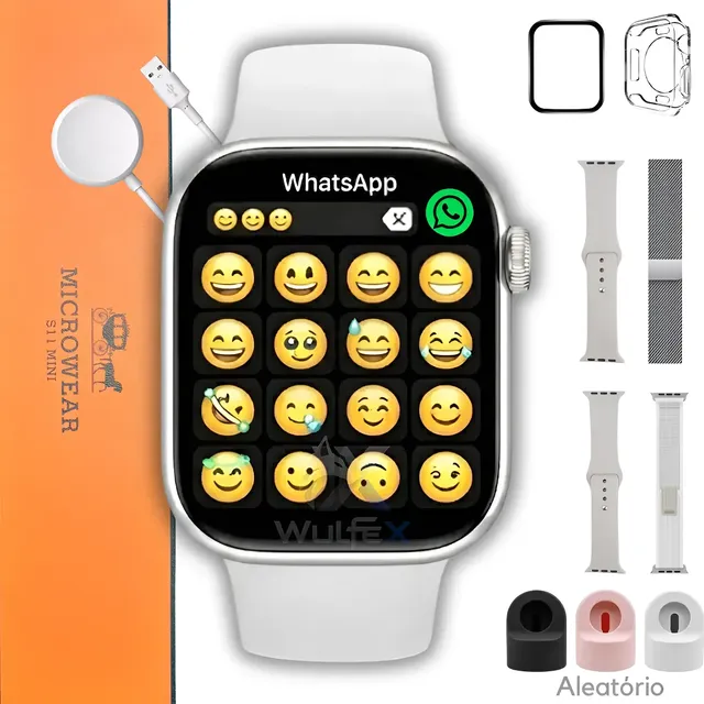 Smartwatch S11 Mini branco acompanhado de quatro pulseiras