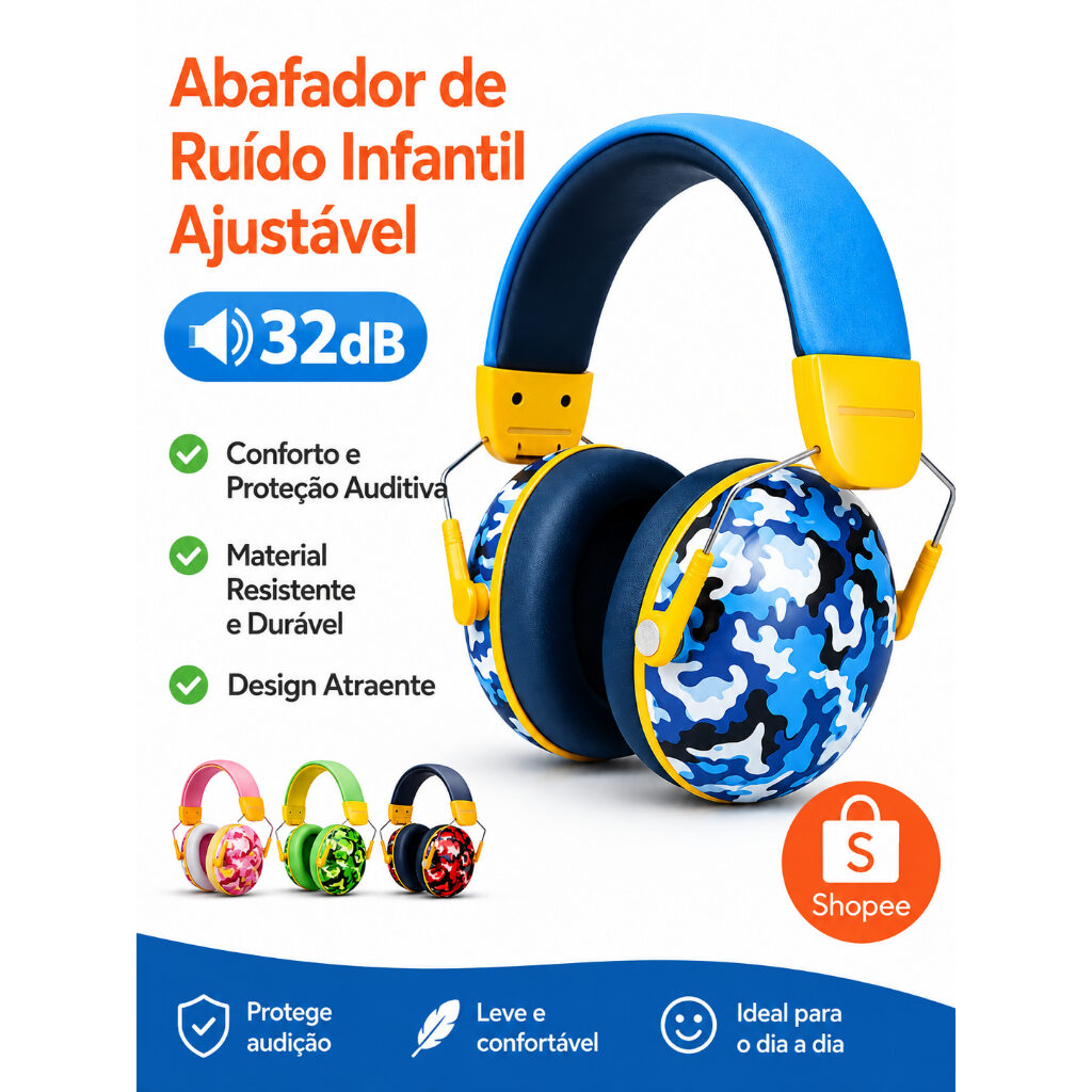 Abafador de ruído ajustável azul e amarelo com conchas acolchoadas