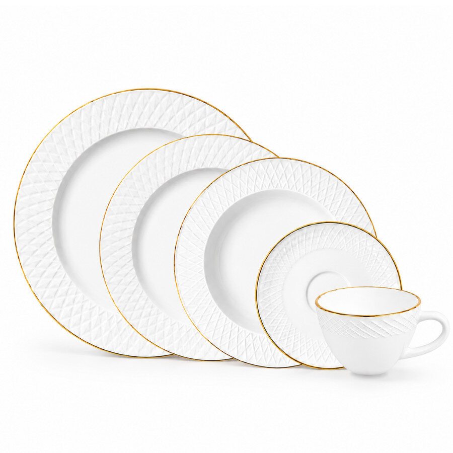 Aparelho de jantar Divine em porcelana texturizada com borda dourada