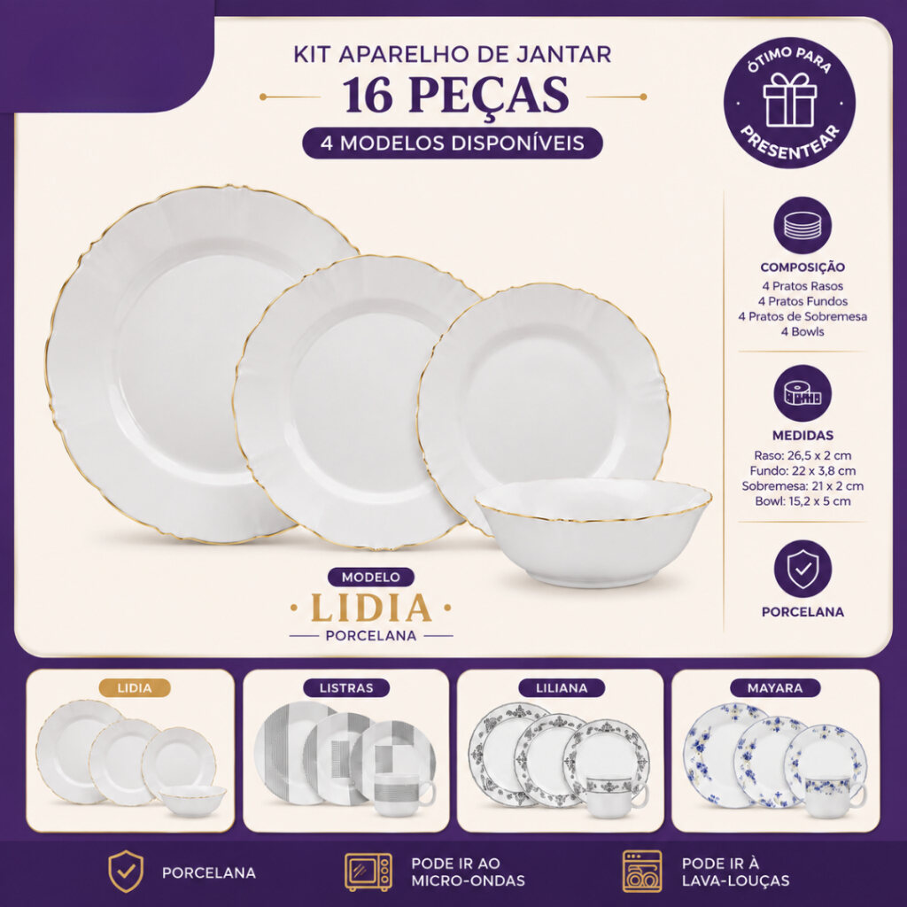 Modelos de aparelho de jantar em porcelana com pratos, xícaras e bowls