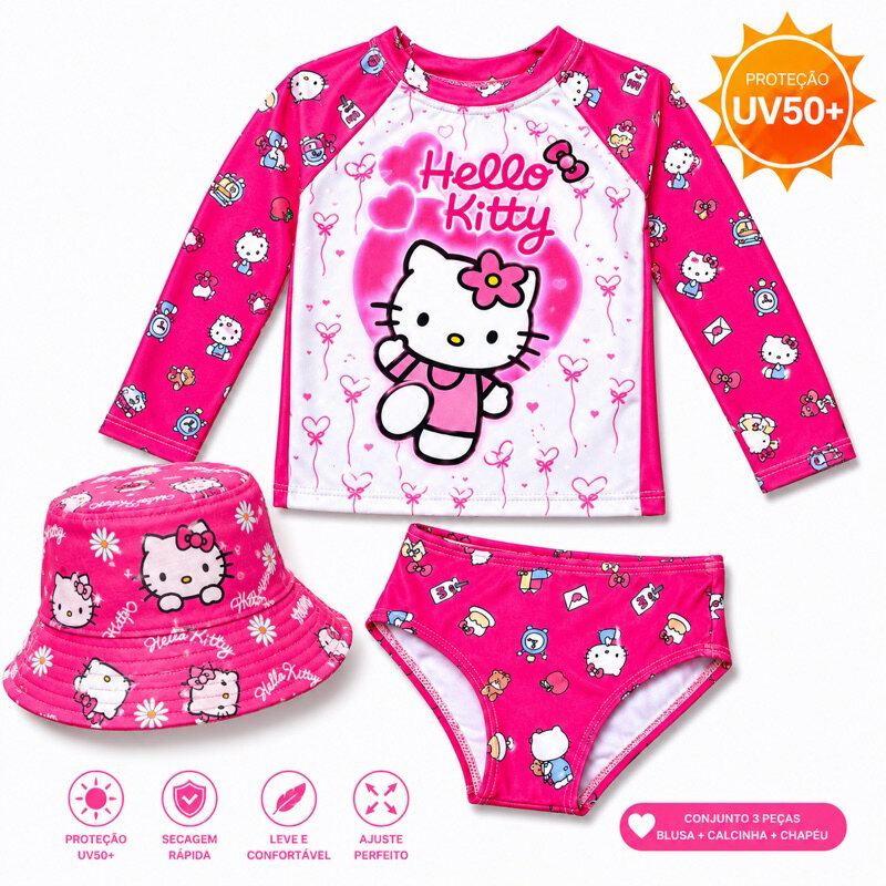 Conjunto de praia infantil Hello Kitty com blusa, calcinha e chapéu