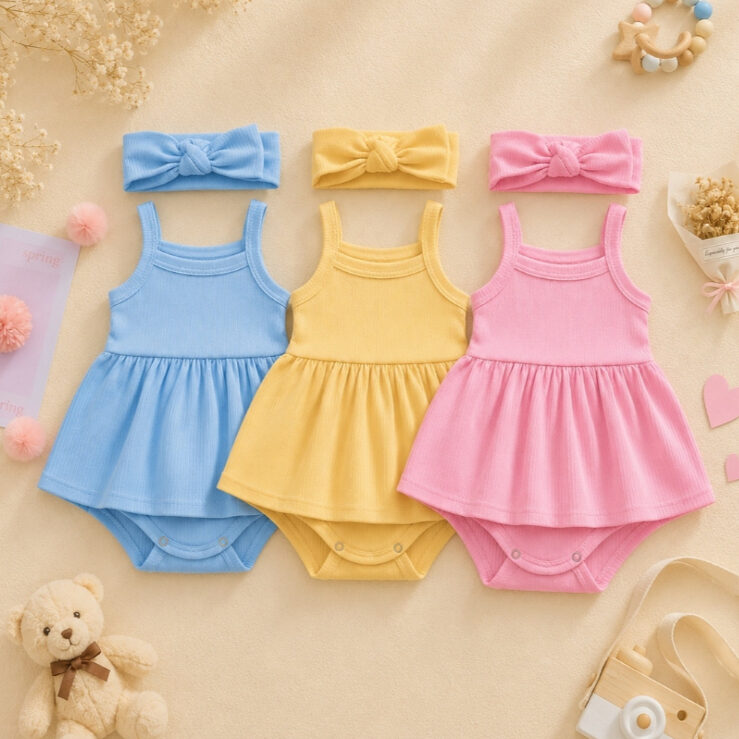 Bodies vestidos canelados para bebê nas cores azul, amarelo e rosa com laços