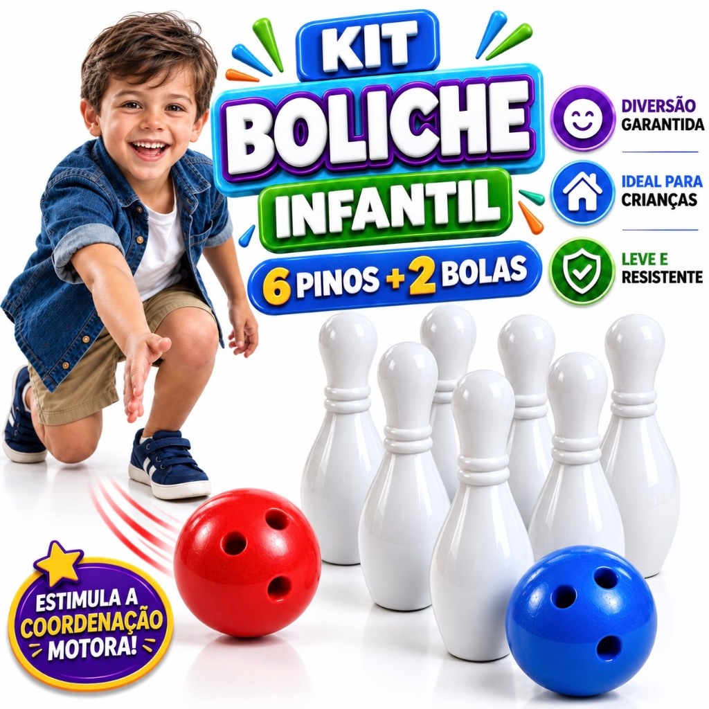 Kit de boliche infantil com seis pinos brancos e duas bolas coloridas