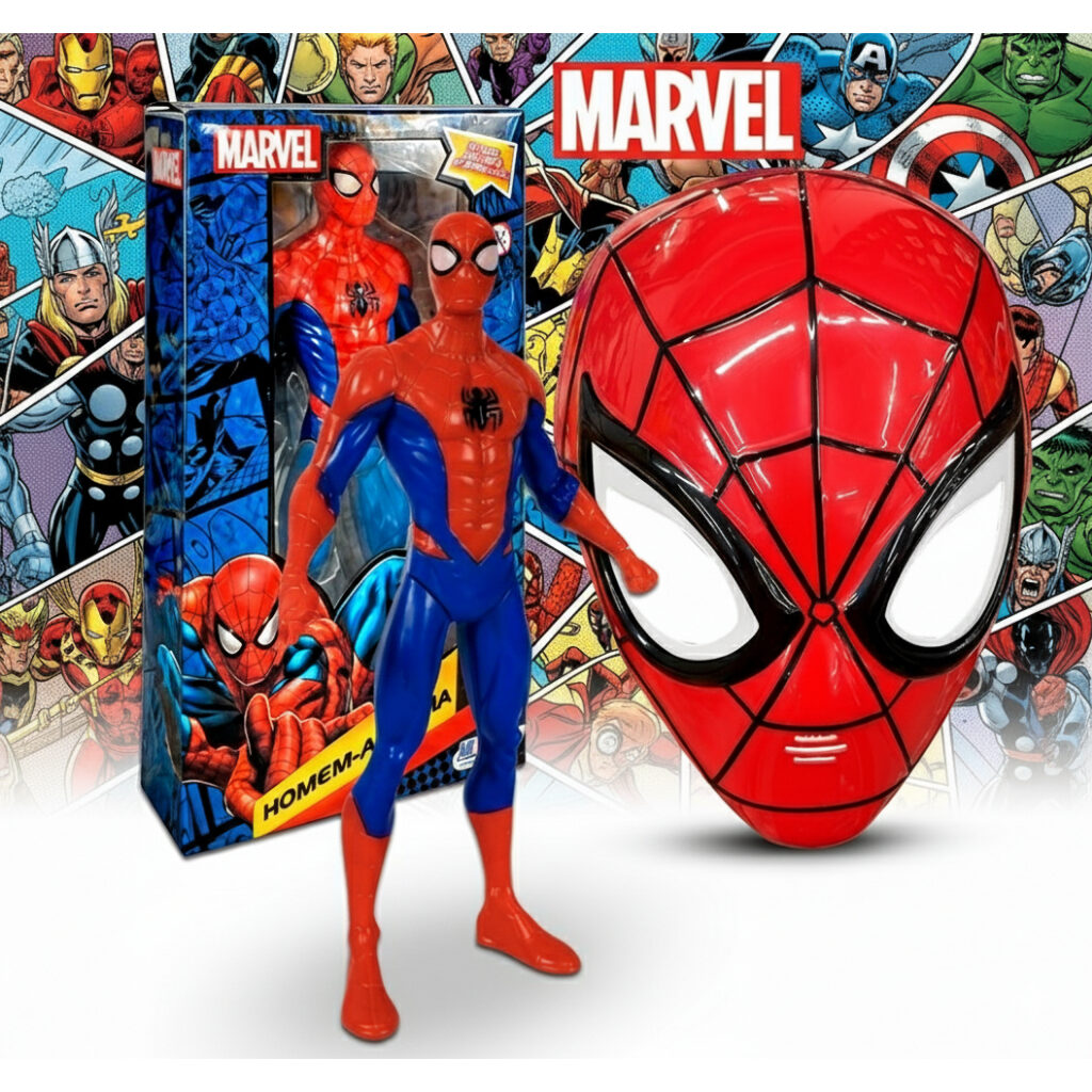 Boneco do Homem-Aranha acompanhado de máscara infantil vermelha