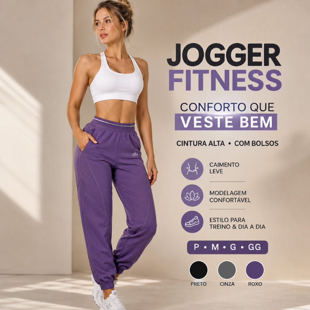 Calça jogger fitness feminina de cintura alta com bolsos