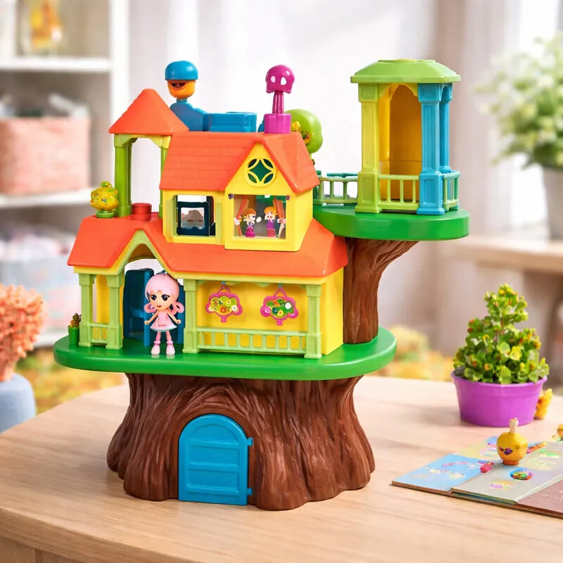 Casinha infantil colorida em formato de árvore com boneca e acessórios