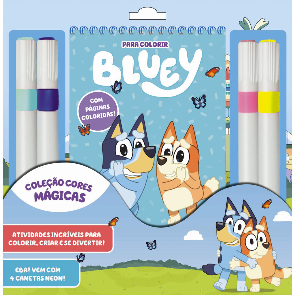 Livro infantil Coleção Cores Mágicas Bluey acompanhado de canetas