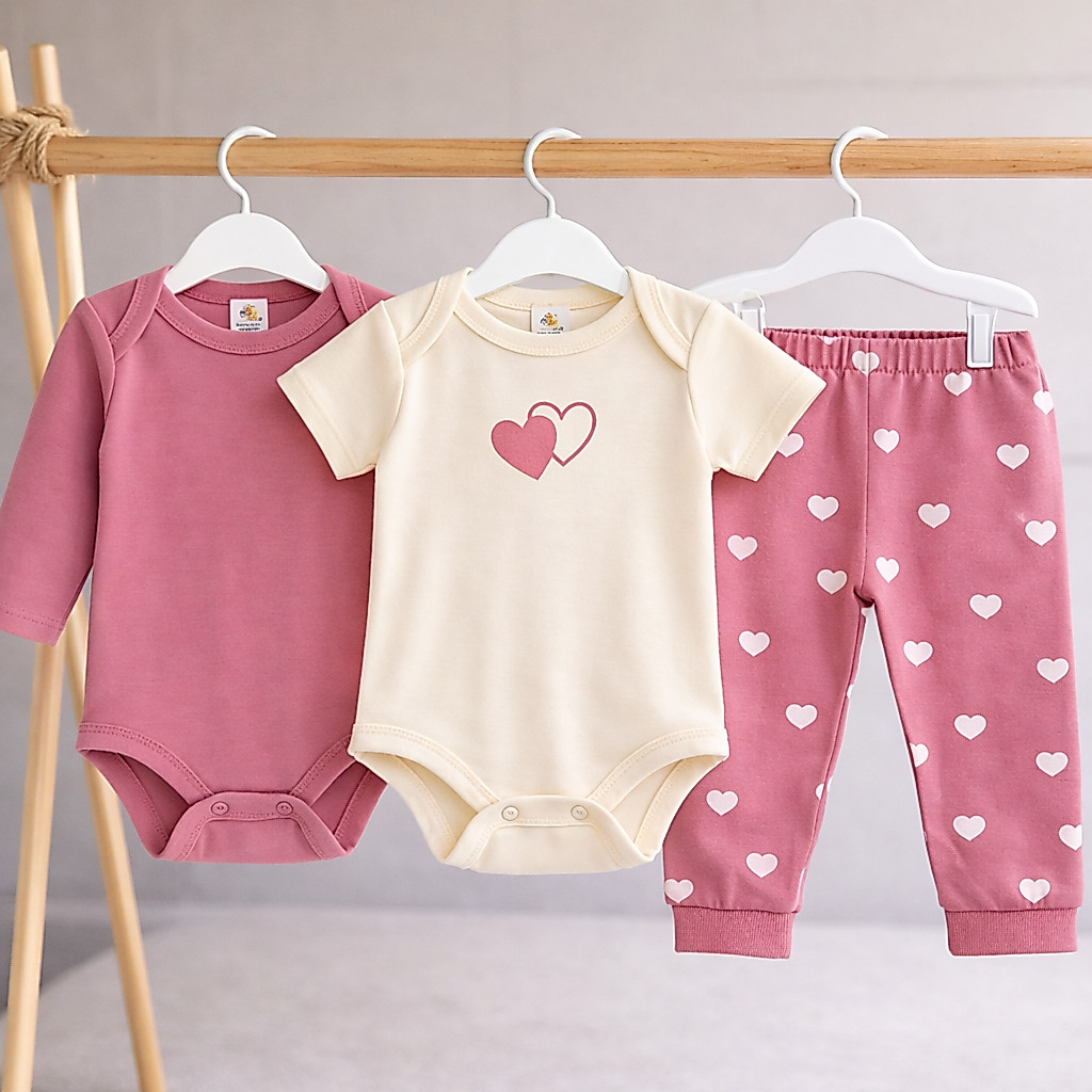 Conjunto de bebê com dois bodies e calça rosa estampada com corações