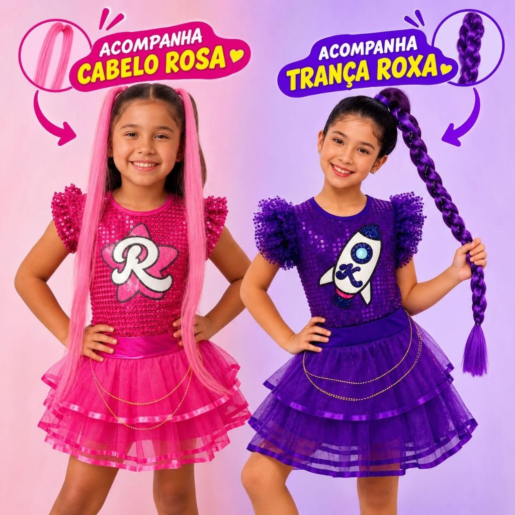 Fantasia infantil Emilly Vick com saia, blusa e cabelo colorido