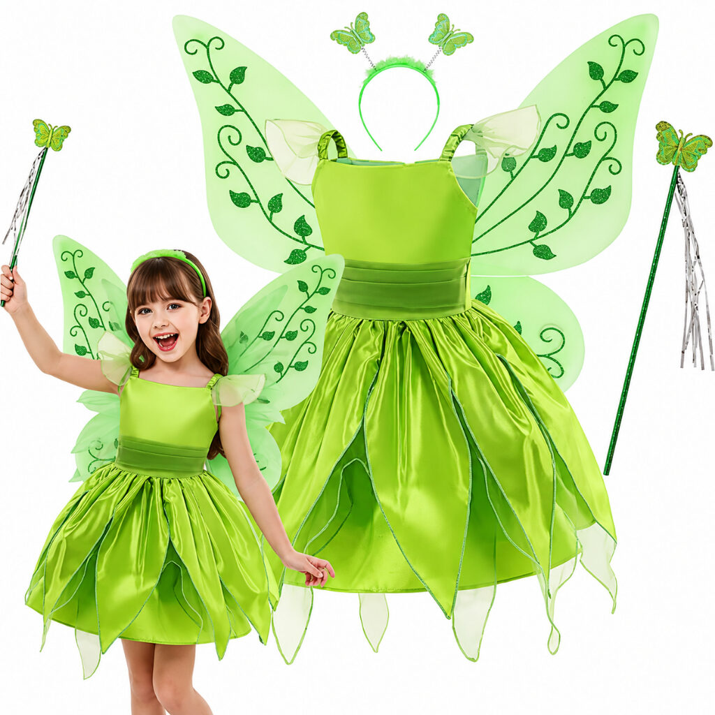 Fantasia infantil verde de fada com asas, tiara e varinha