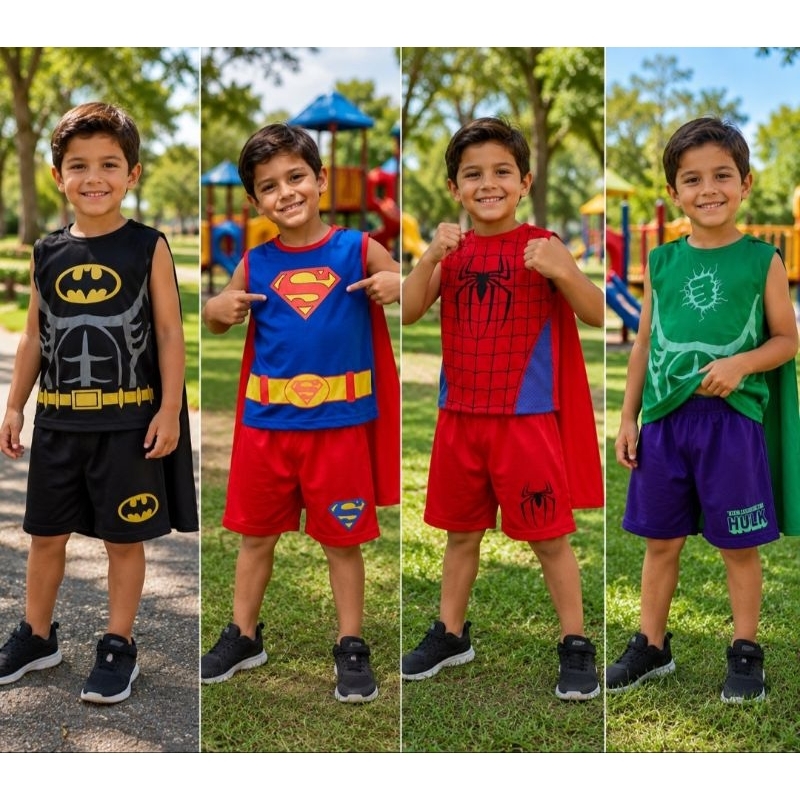 Quatro opções de conjuntos infantis temáticos de super-heróis