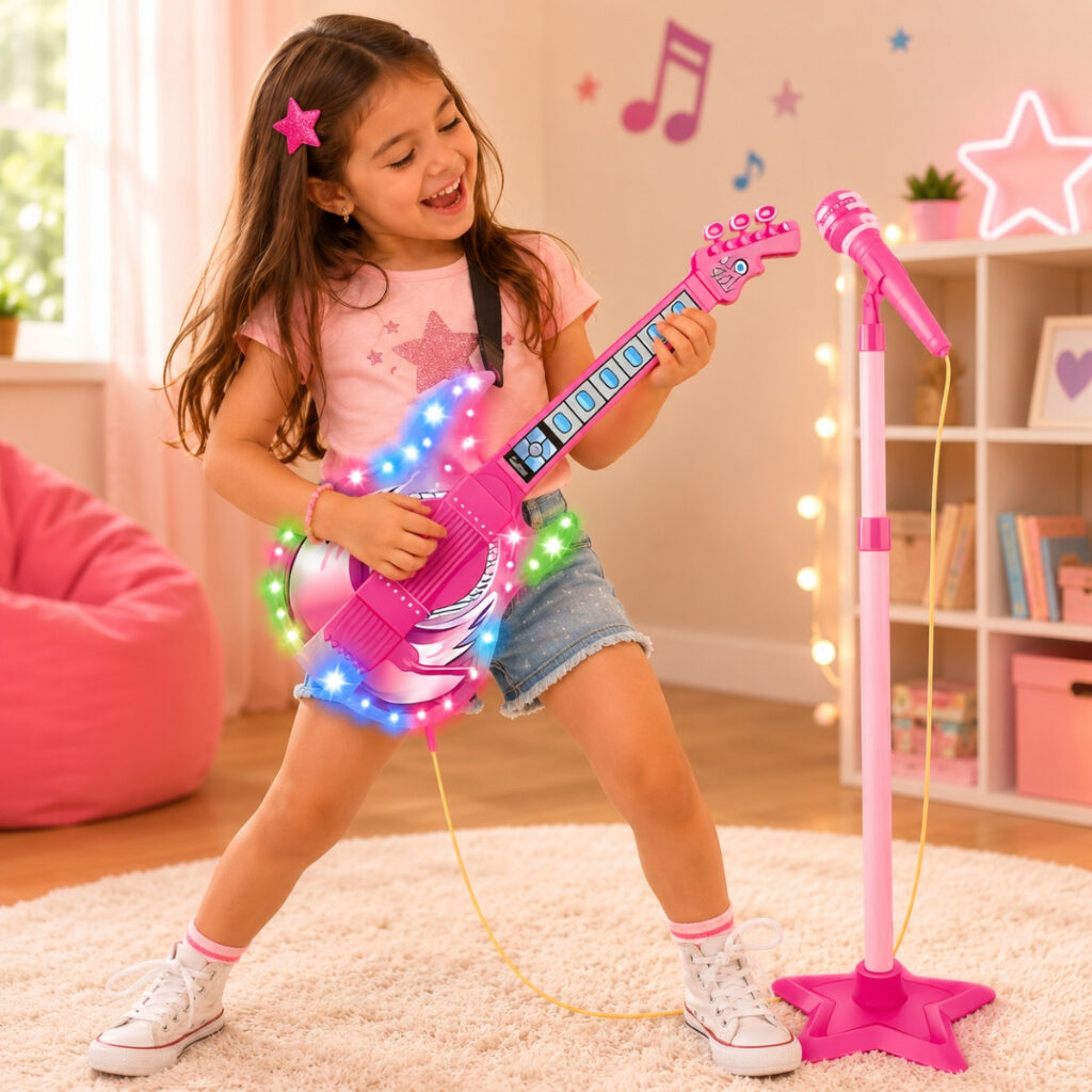 Menina brincando com guitarra musical rosa iluminada e microfone com pedestal
