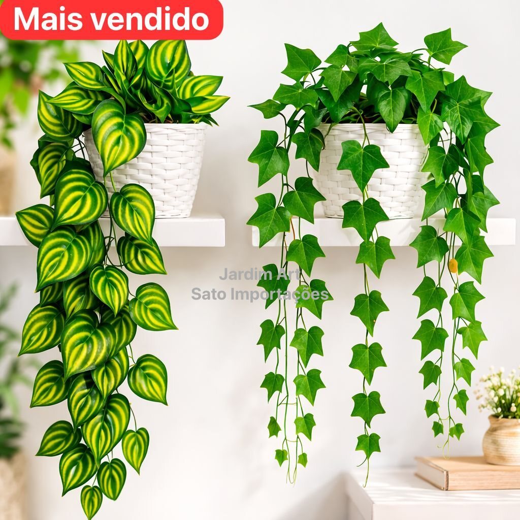 Hera artificial pendente em vaso branco de vime