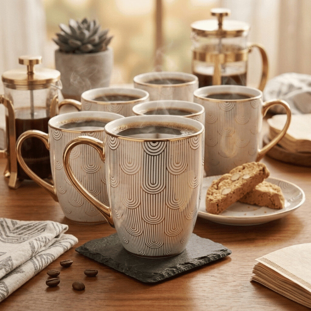 Jogo com seis canecas de porcelana Royale com detalhes dourados