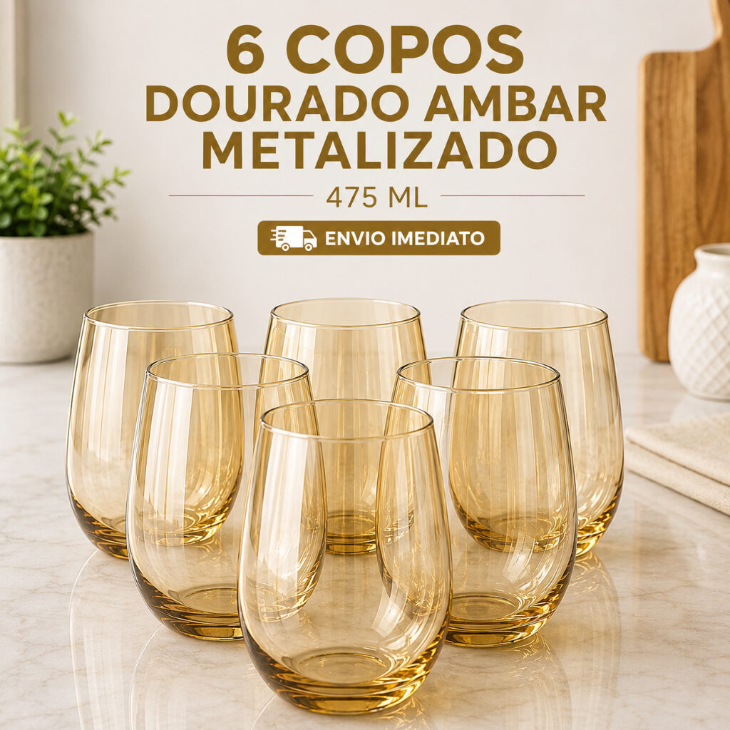 Conjunto com seis copos de vidro âmbar metalizado sobre bancada clara