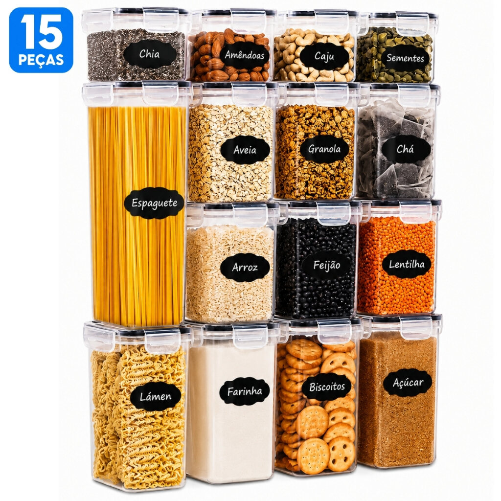 Kit com quinze potes transparentes para mantimentos e etiquetas