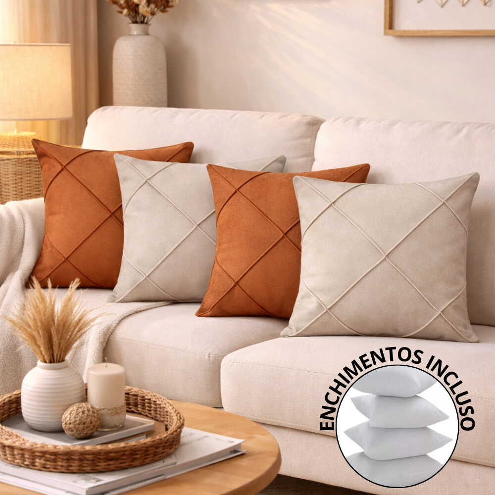 Kit de almofadas cheias em suede terracota e creme