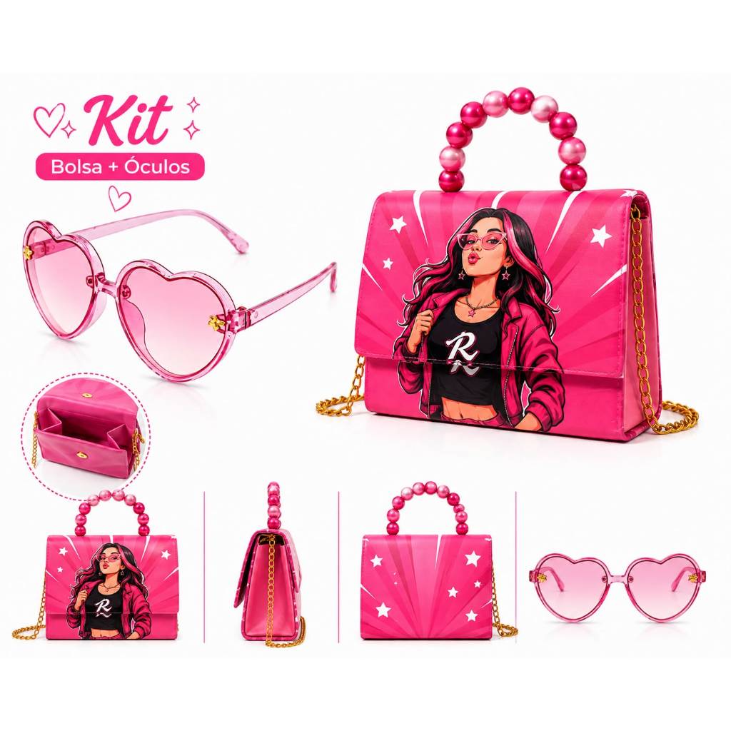 Bolsa infantil rosa acompanhada de óculos de coração