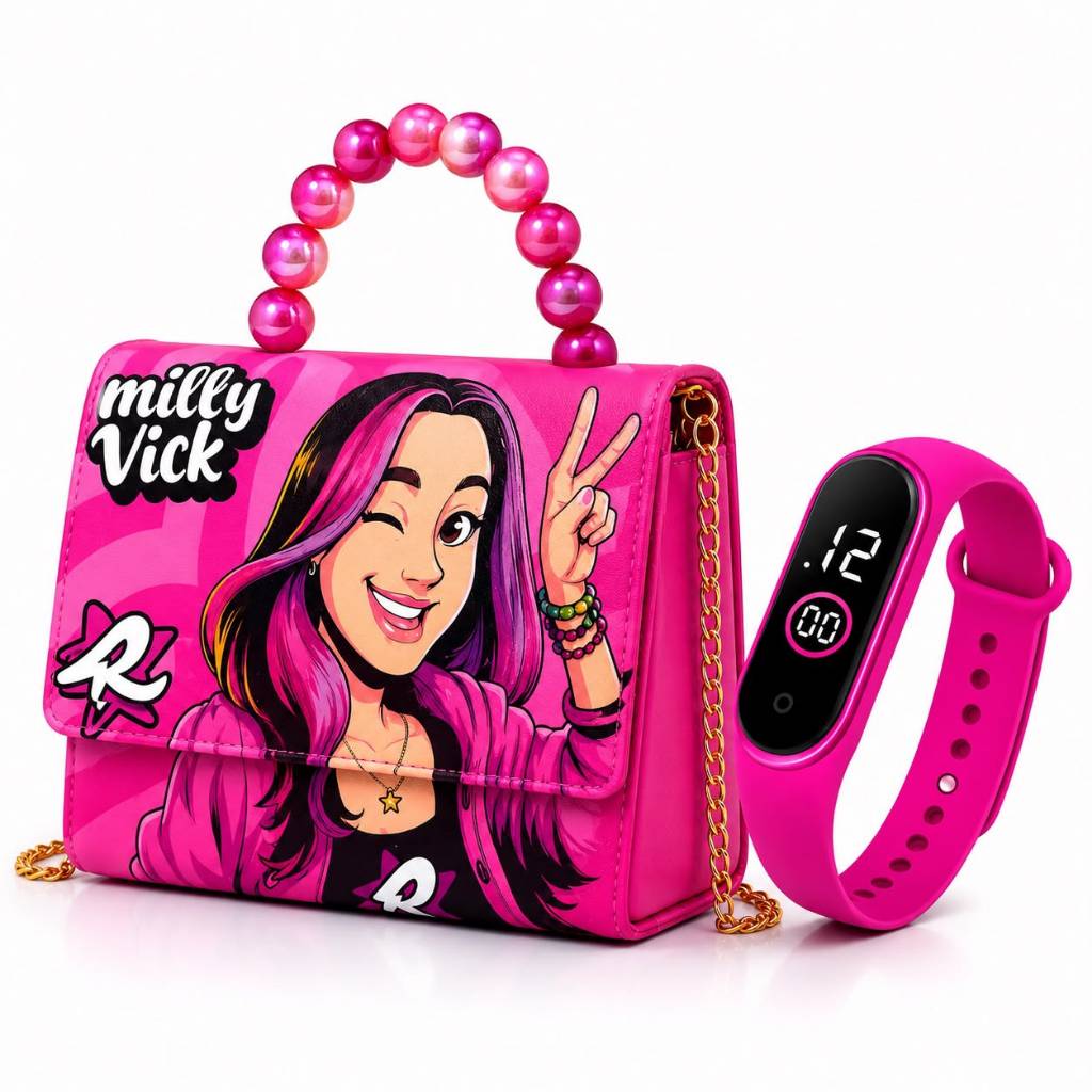 Bolsa infantil rosa estampada acompanhada de relógio digital rosa