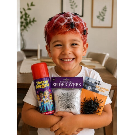 Kit infantil para cabelo maluco com spray vermelho, teia e aranhas decorativas