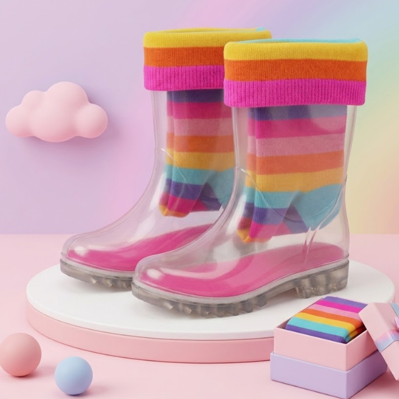 Galocha infantil transparente acompanhada de meia colorida arco-íris