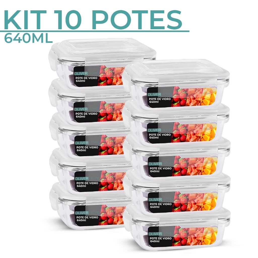 Kit de potes de vidro retangulares com tampas de quatro travas