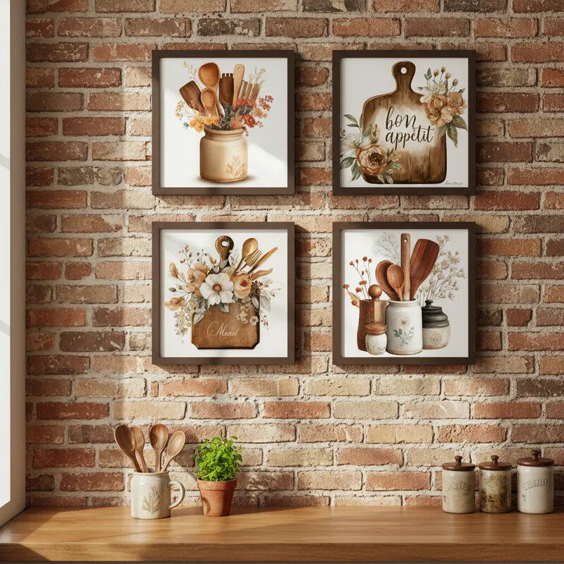 Kit com quatro quadros decorativos para cozinha