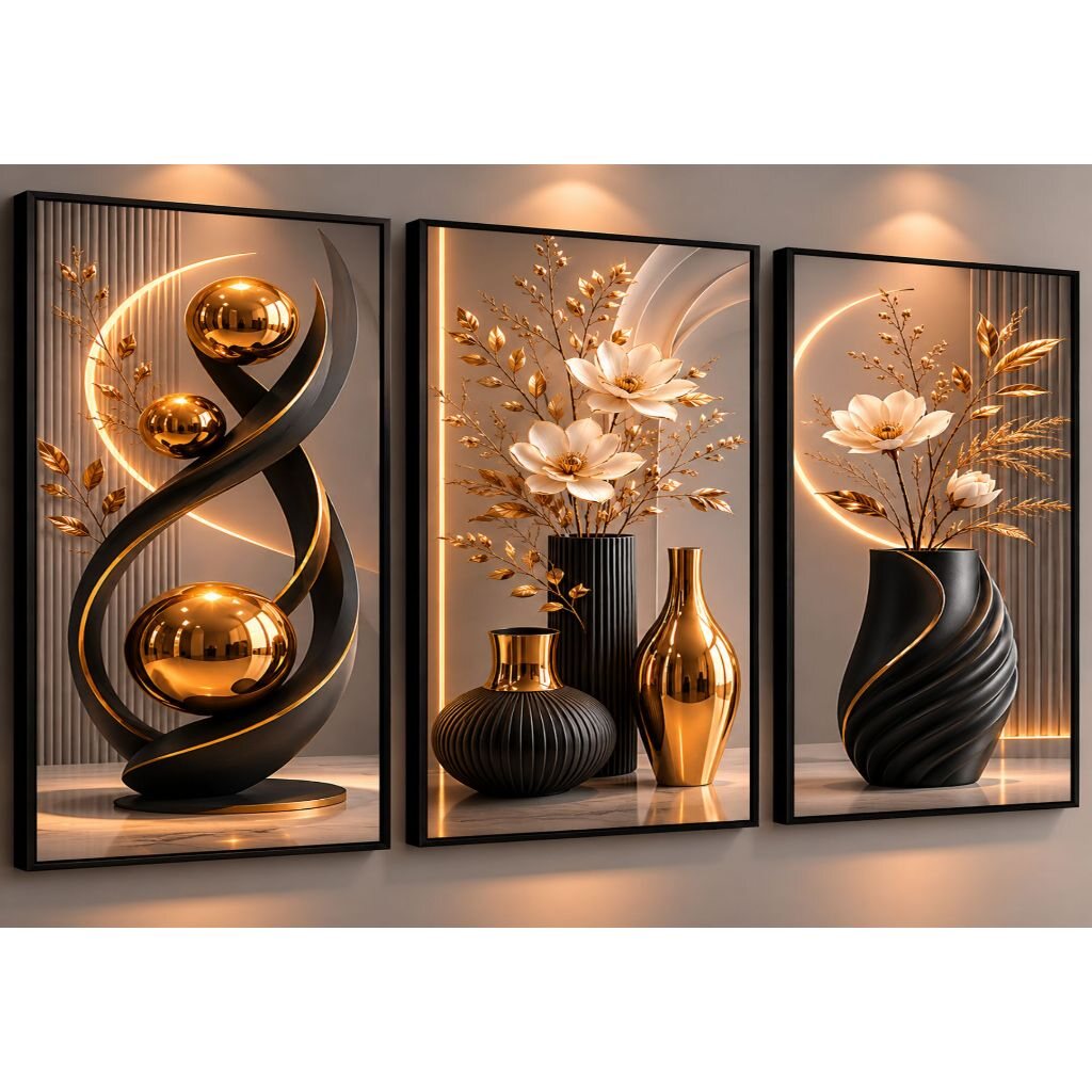 Kit com três quadros decorativos em preto e dourado