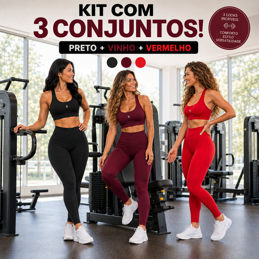 Kit feminino com três conjuntos de top e calça legging para academia