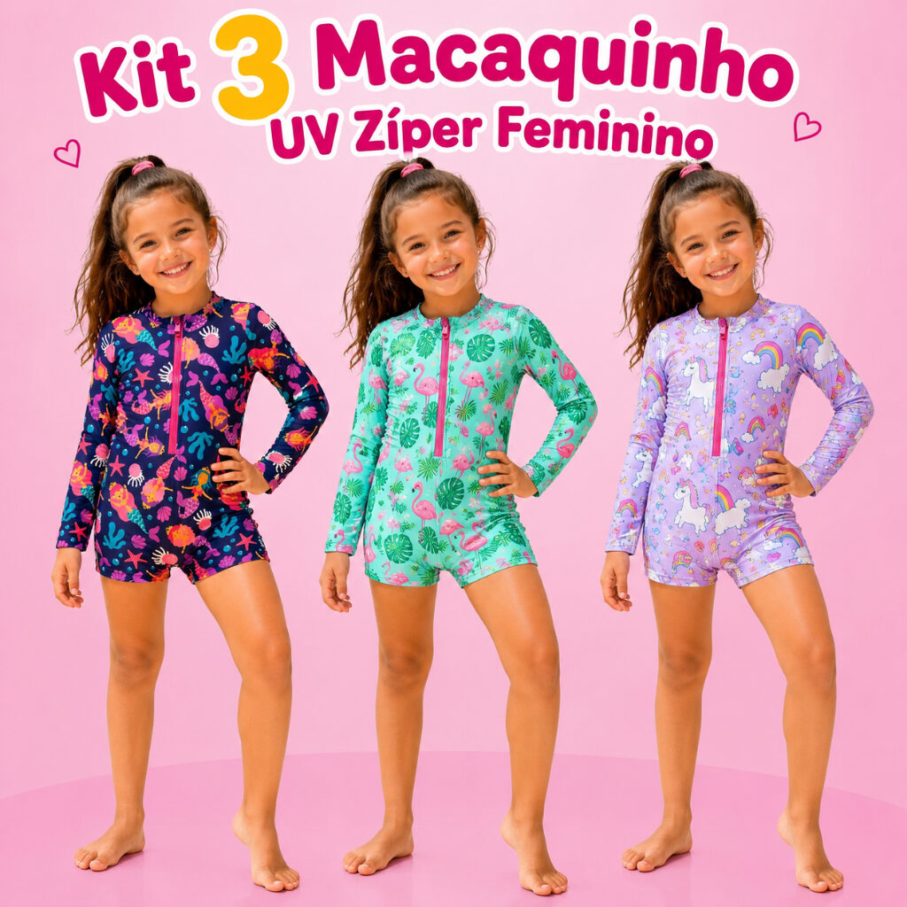 Três macaquinhos infantis coloridos de manga longa com zíper