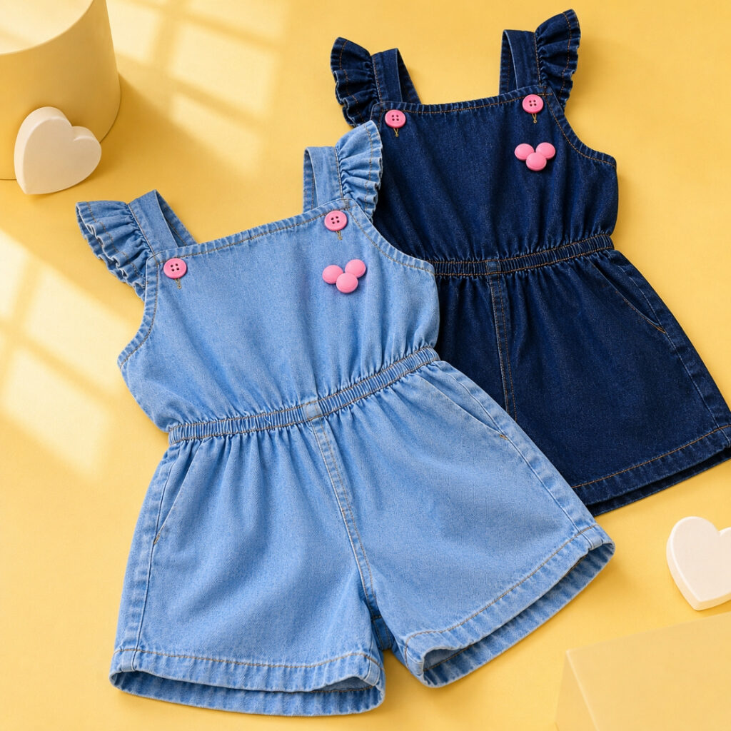 Macacões jeans infantis femininos em duas tonalidades de azul