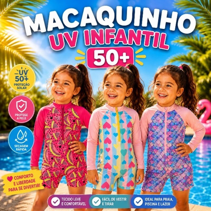 Macaquinho infantil estampado com proteção solar UV 50+