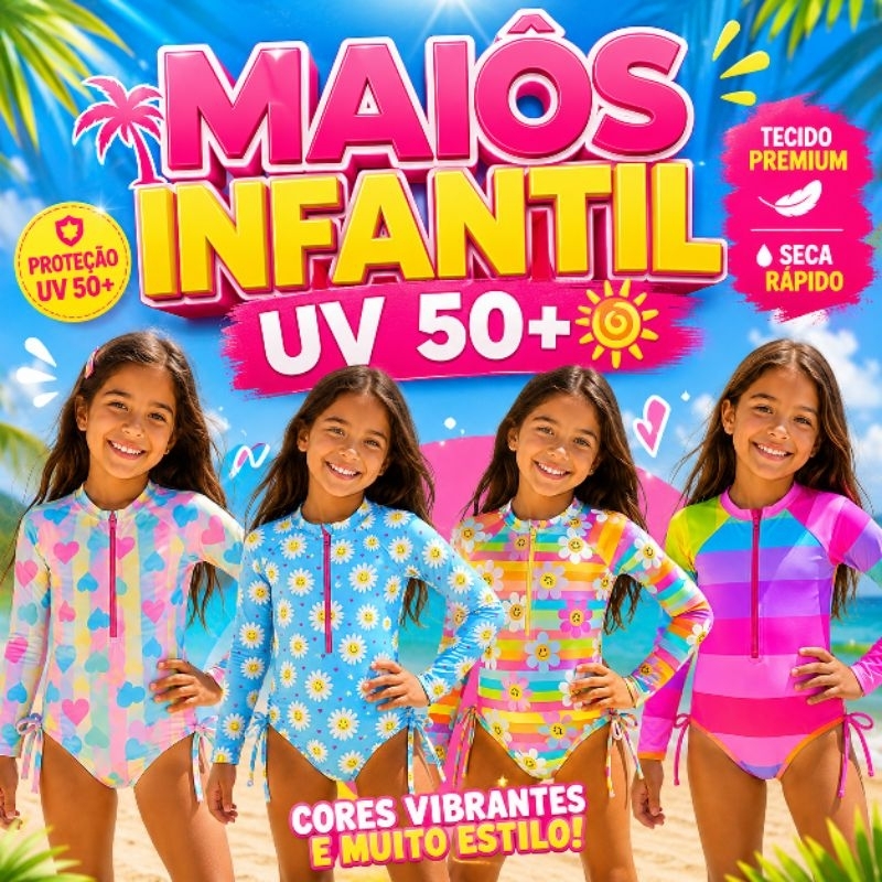 Maiôs infantis coloridos de manga longa com proteção UV