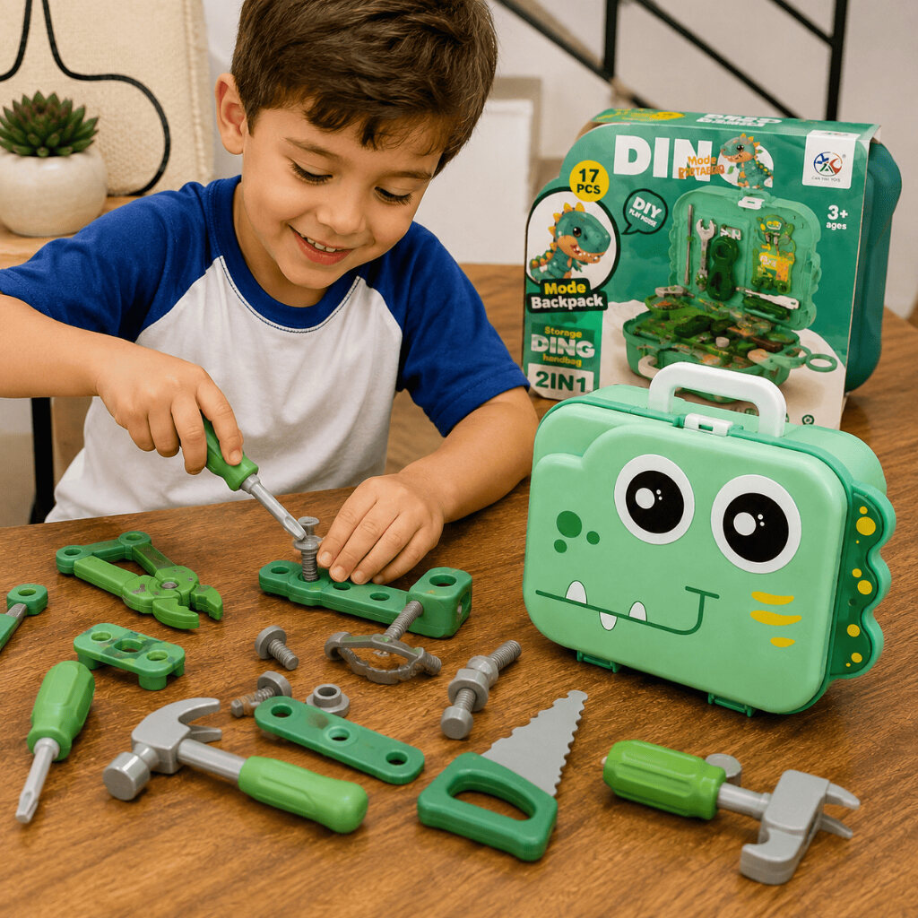 Maleta infantil de ferramentas com tema de dinossauro e dezessete peças