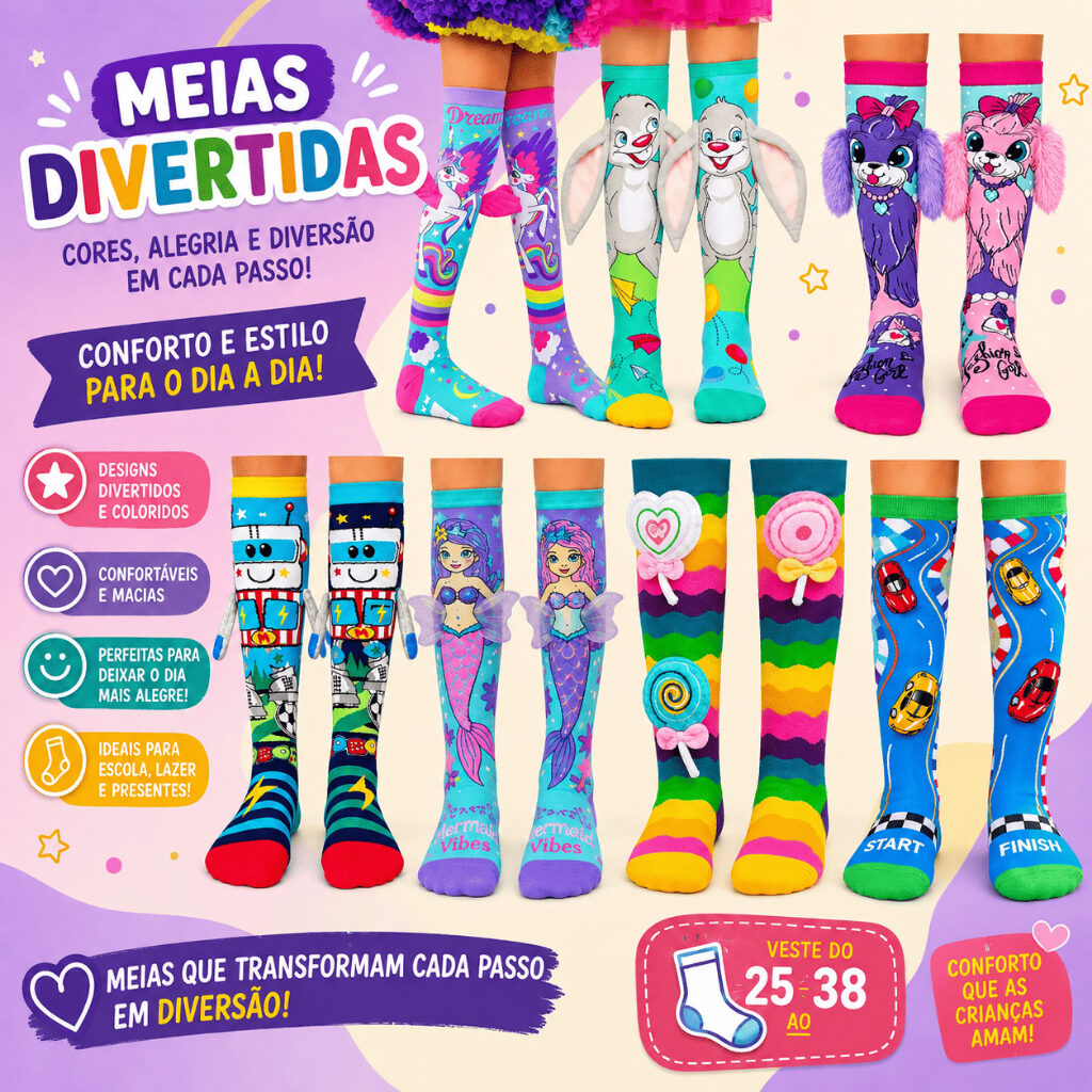 Seleção de meias malucas coloridas com estampas divertidas