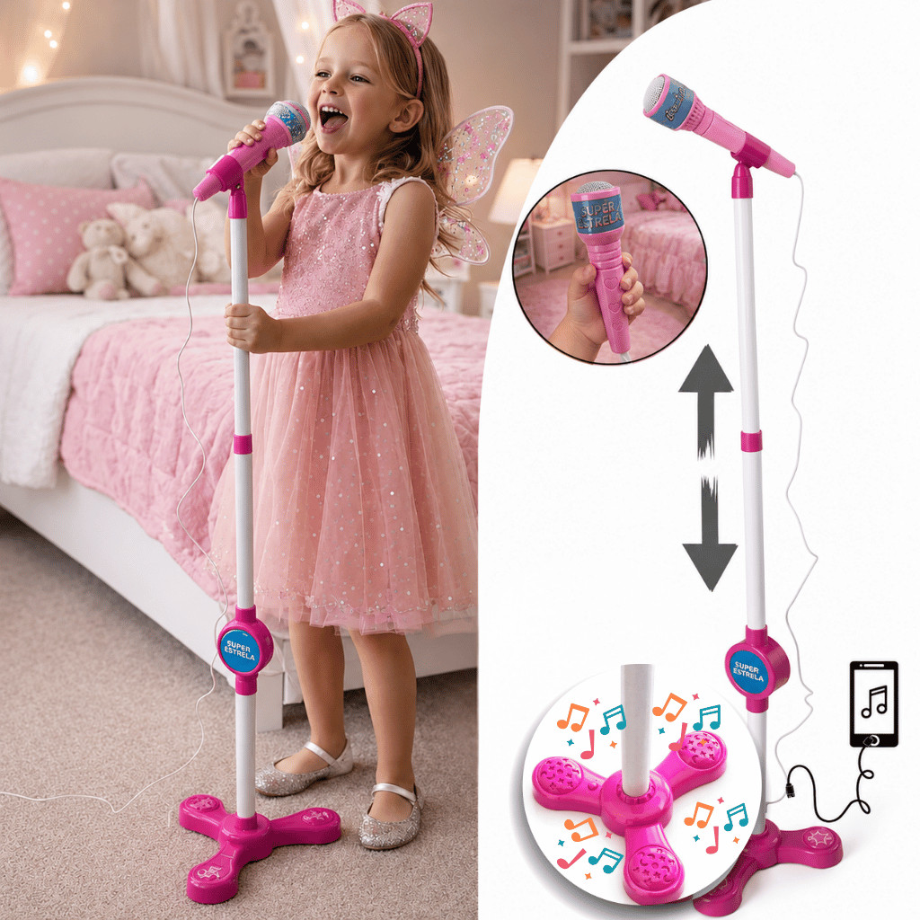 Microfone infantil rosa com pedestal ajustável e conexão para celular