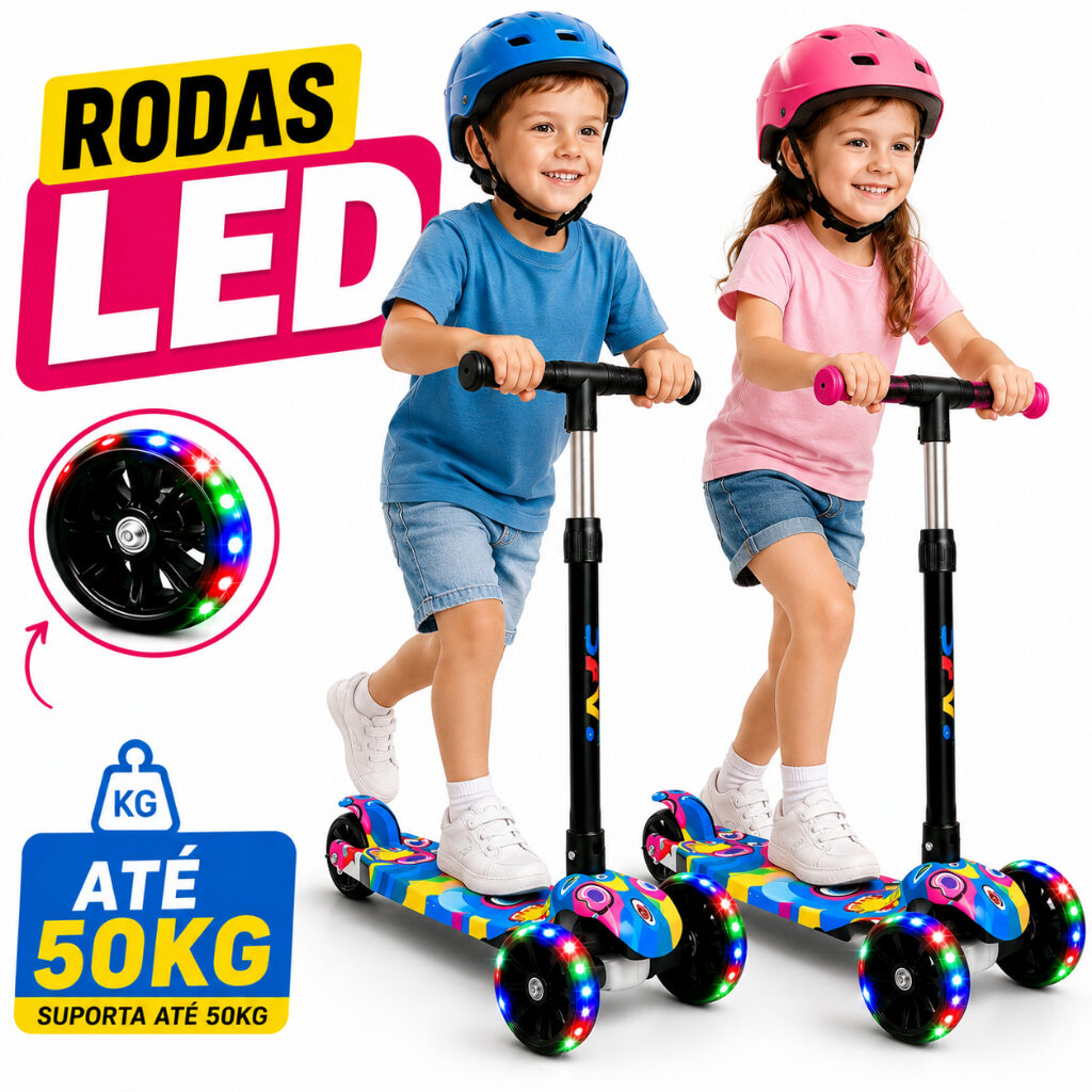Dois patinetes infantis coloridos de três rodas com luzes LED