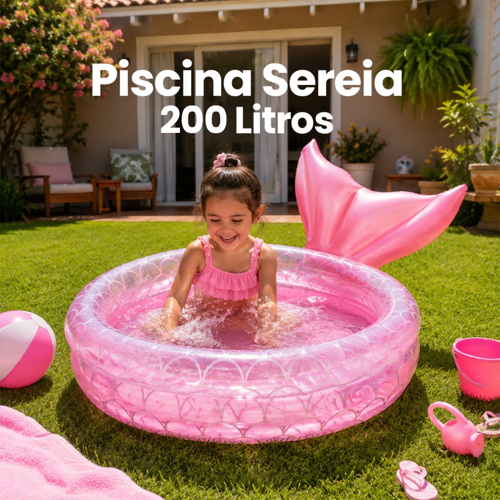 Piscina inflável infantil rosa com detalhe de cauda de sereia