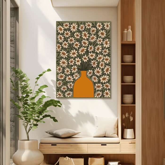 Quadro decorativo de margaridas com vaso laranja