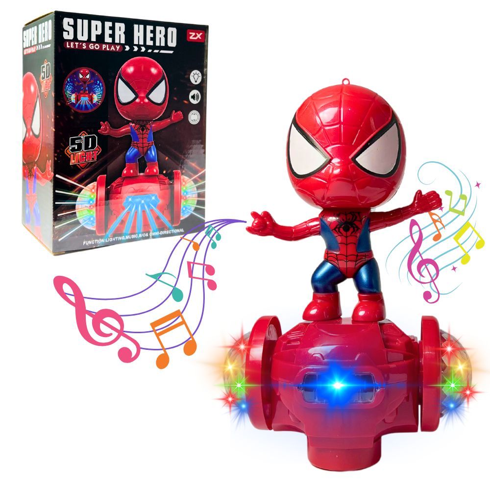 Robô infantil do Homem-Aranha sobre base com luzes coloridas