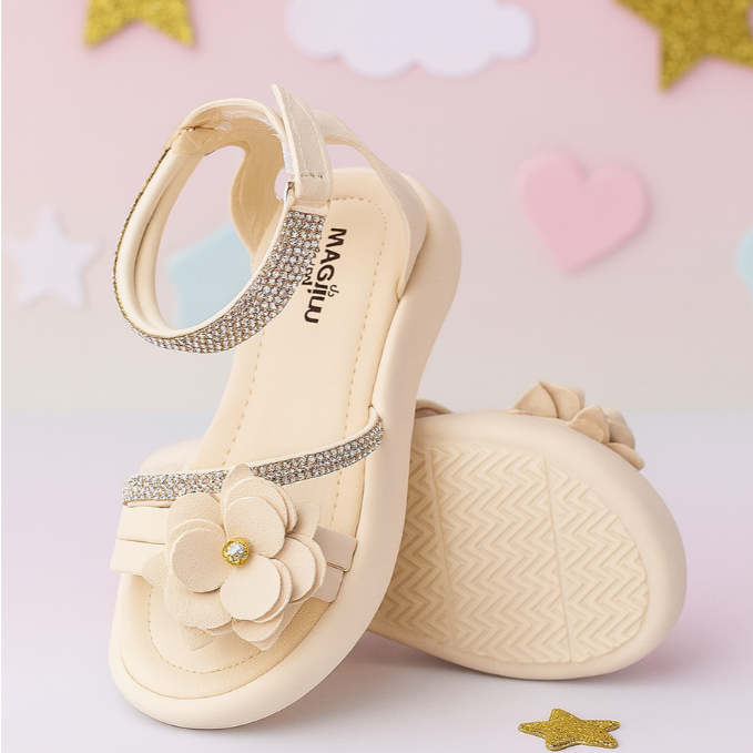 Sandália infantil bege com flor e tira de strass