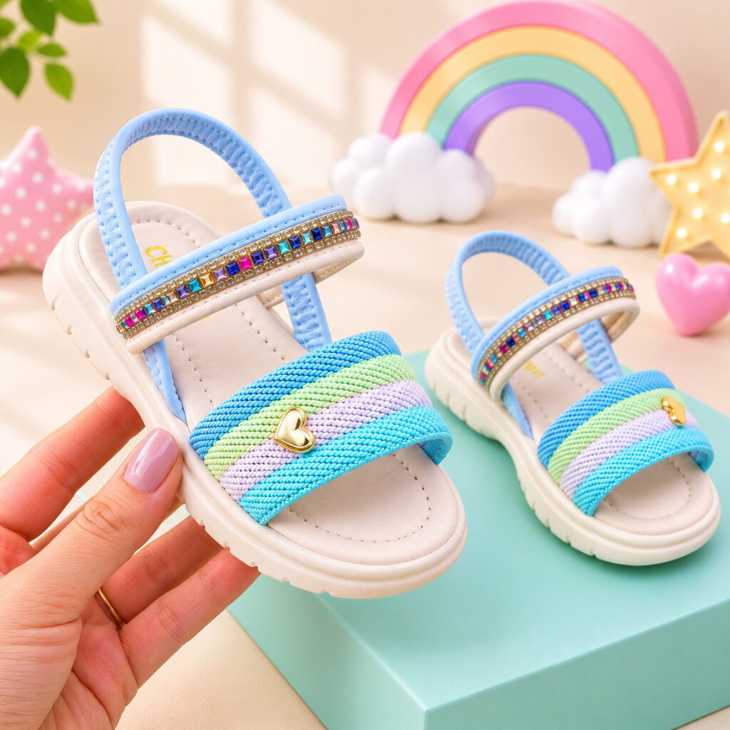 Sandália infantil azul-clara com tiras coloridas e strass